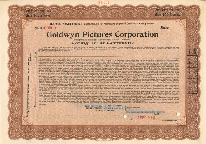 Goldwyn Pictures Corporation - 1930's circa Specimen Stock Certificate